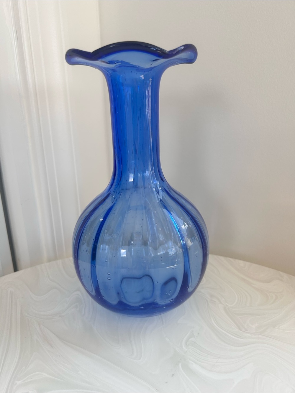MCM European blue cobalt vase w ribbed & ruffled texture & pulegoso use